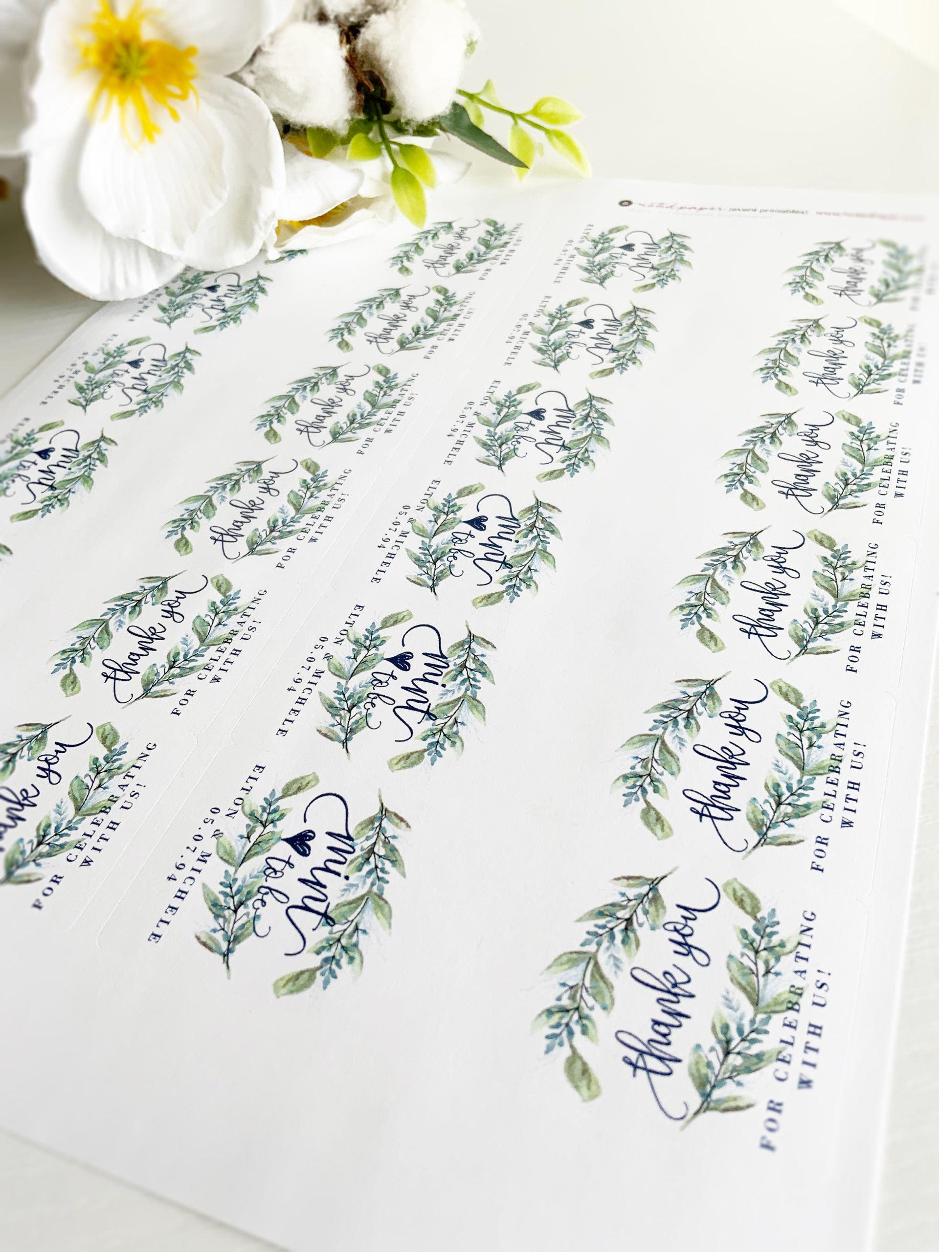 Navy blue and green Tic Tac wedding favor labels with custom names and date