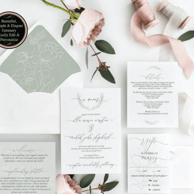 Greenery Rosemary Peonies Floral Wedding Invitation & Ensemble DIY Digital PDF Download