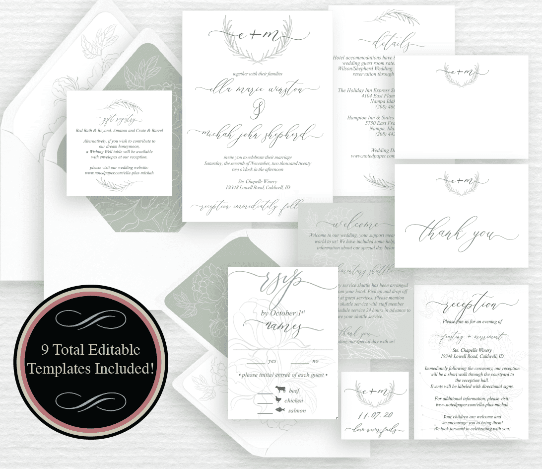 Greenery Rosemary Peonies Floral Wedding Invitation & Ensemble DIY Digital PDF Download - Image 2