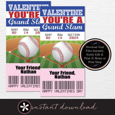 Baseball Ticket Kids Valentine's Day Cards - DIY PDF Instant Download
