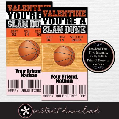 Basketball Ticket Kids Valentine's Day Cards - DIY PDF Instant Download