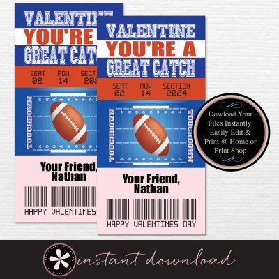 Bronco Football Ticket Kids Valentine's Day Cards - DIY PDF Instant Download