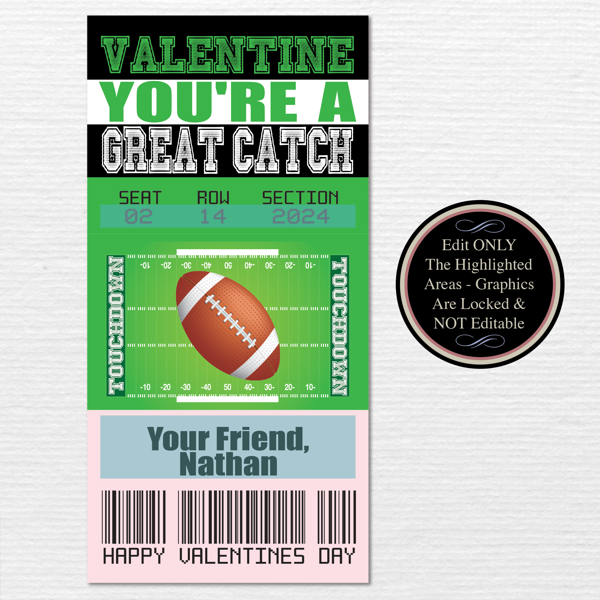 Football Ticket Kids Valentine's Day Cards - DIY PDF Instant Download - Image 2