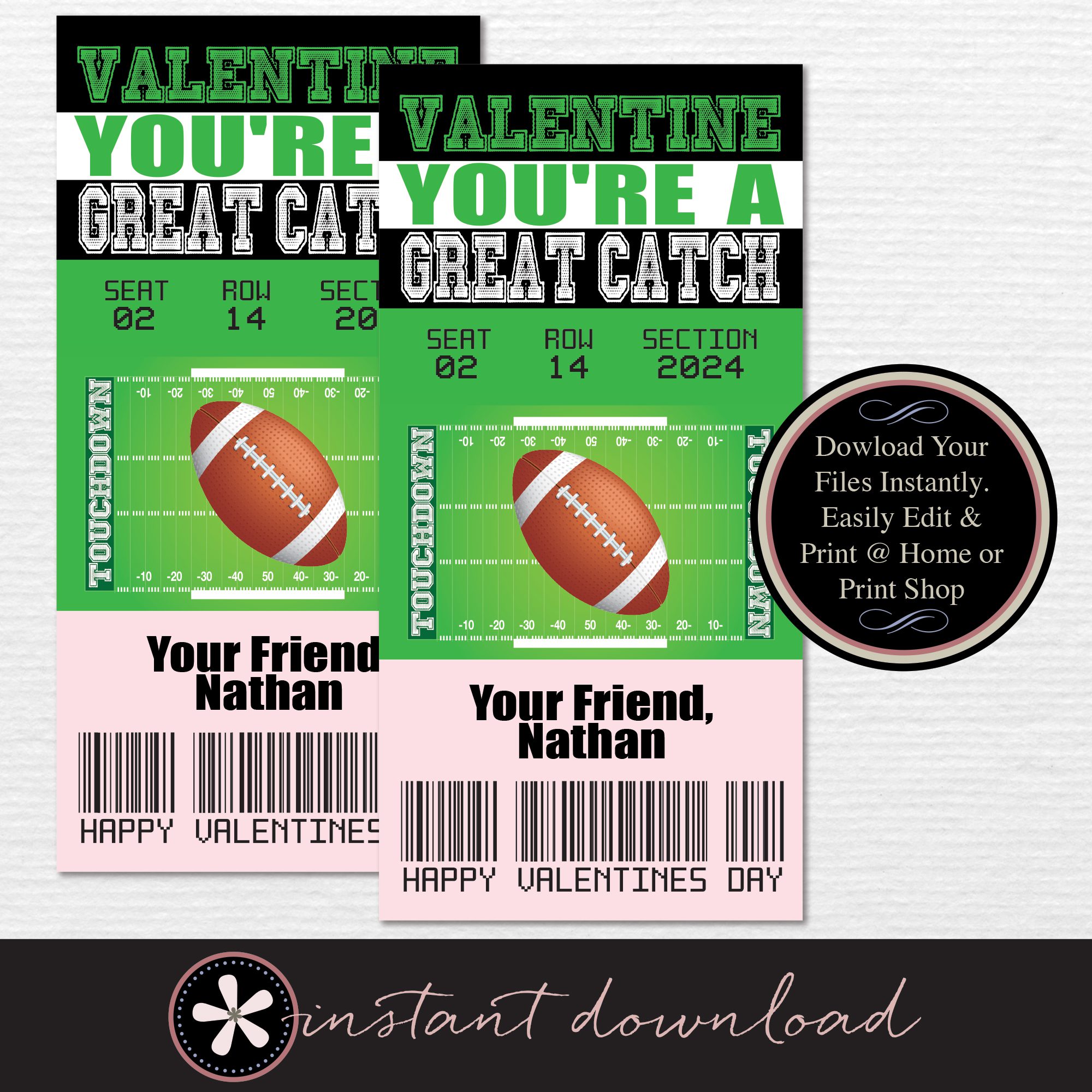 Football Ticket Kids Valentine's Day Cards - DIY PDF Instant Download