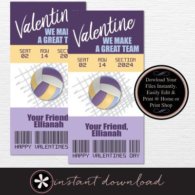 Volleyball Ticket Kids Valentine's Day Cards - DIY PDF Instant Download