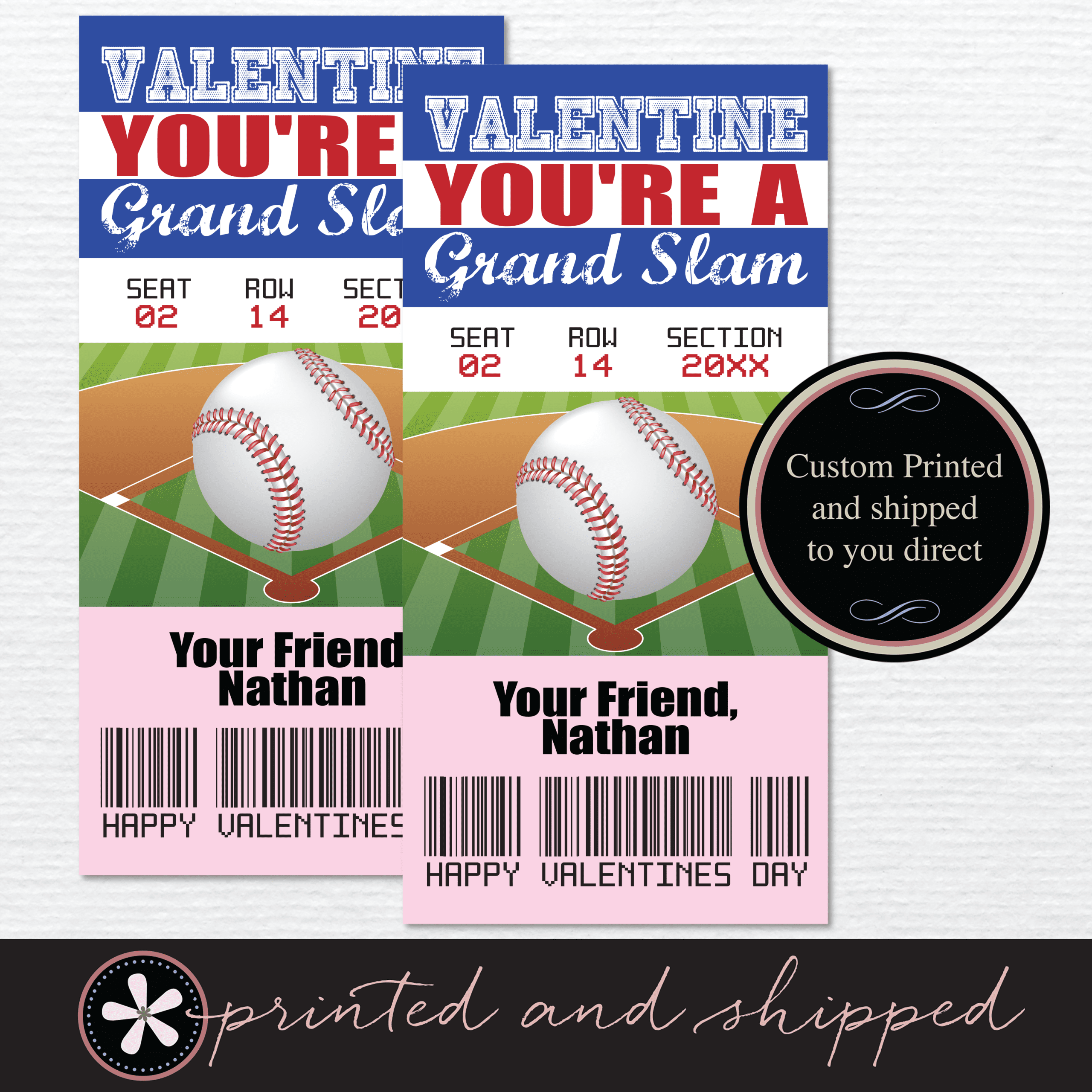 Printed Baseball Tickets Valentines Day Cards