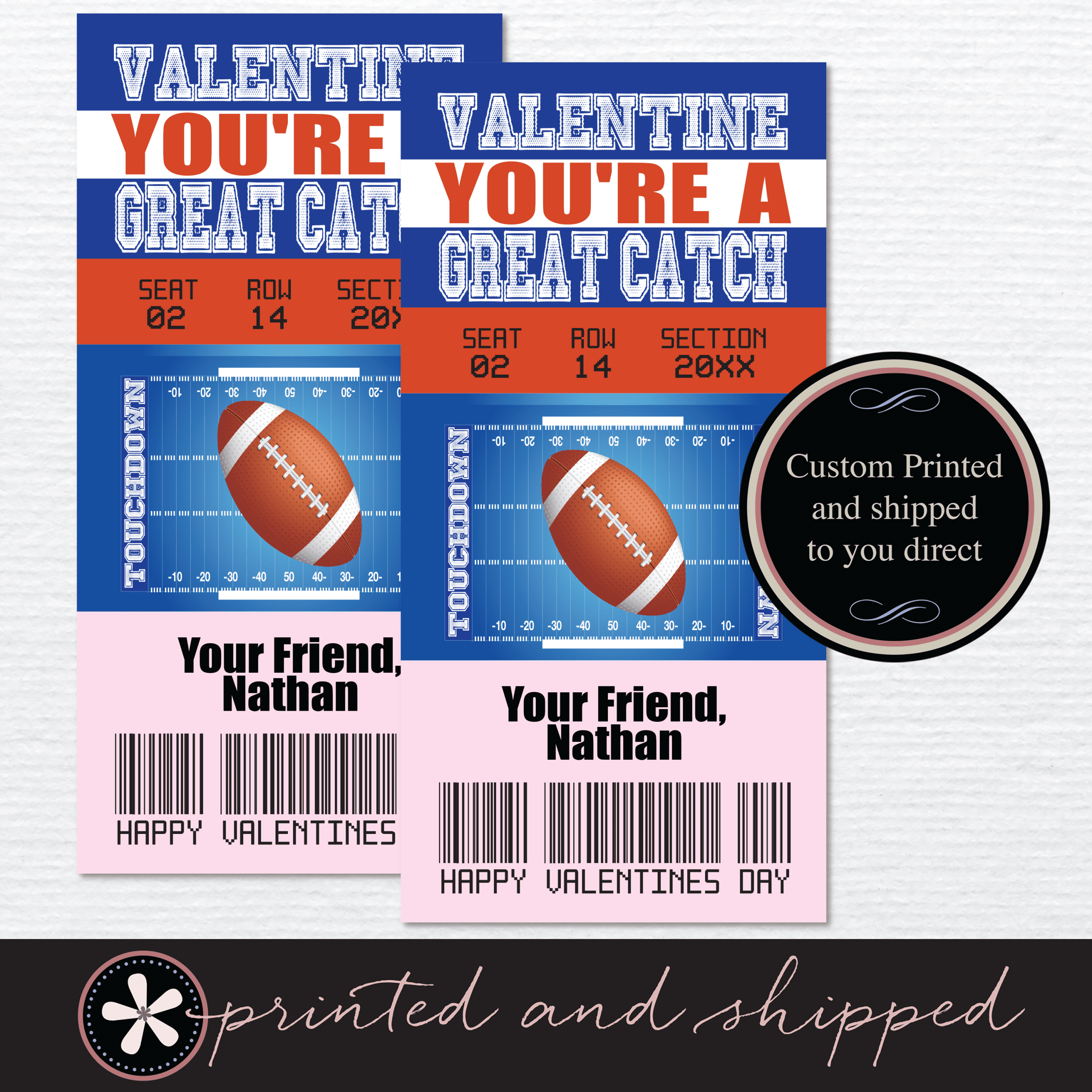 Printed Football Bronco Team Valentine Tickets Kids Valentine Cards