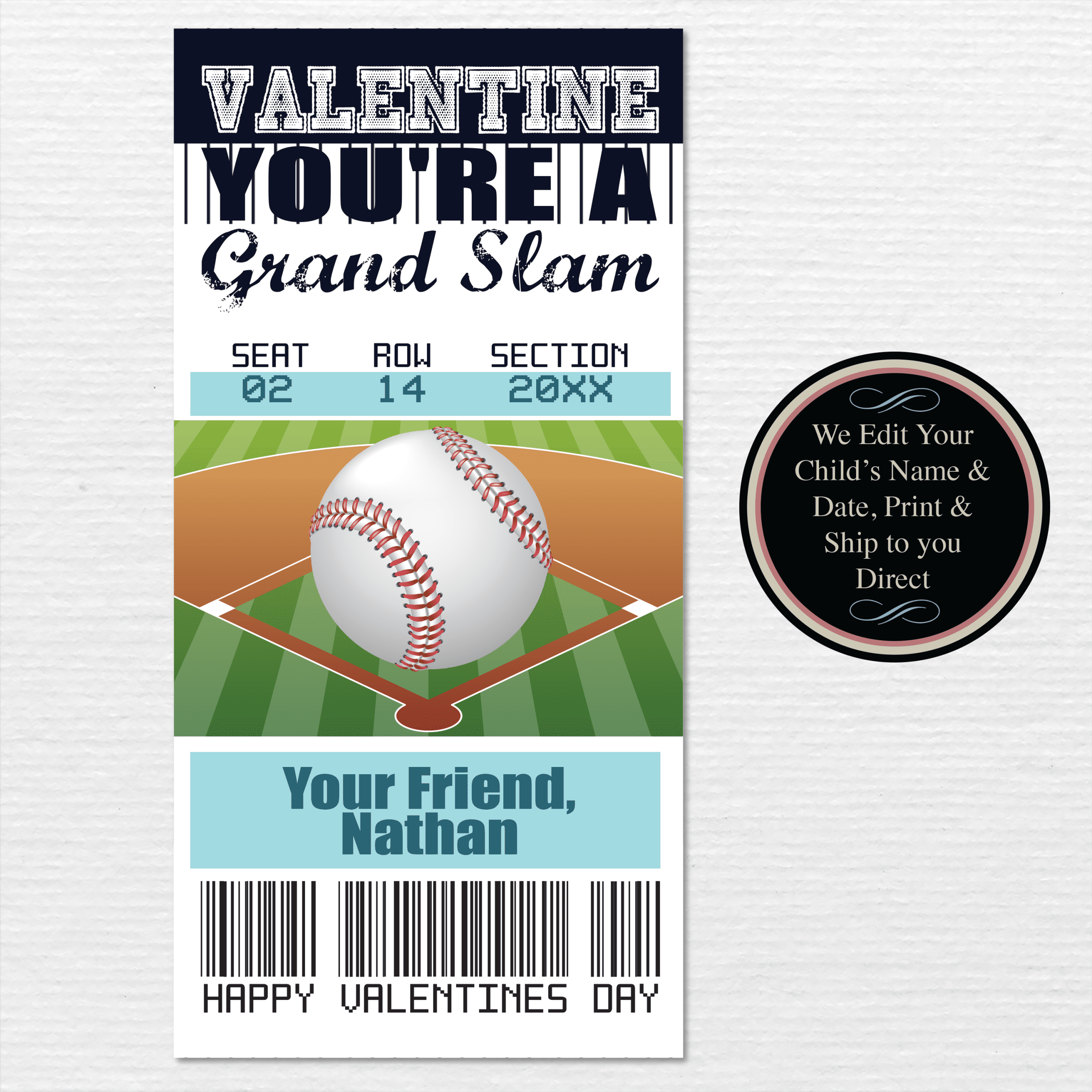 New York Yankees Baseball Ticket Kids Valentine's Day Cards - Printed and Shipped - Image 2
