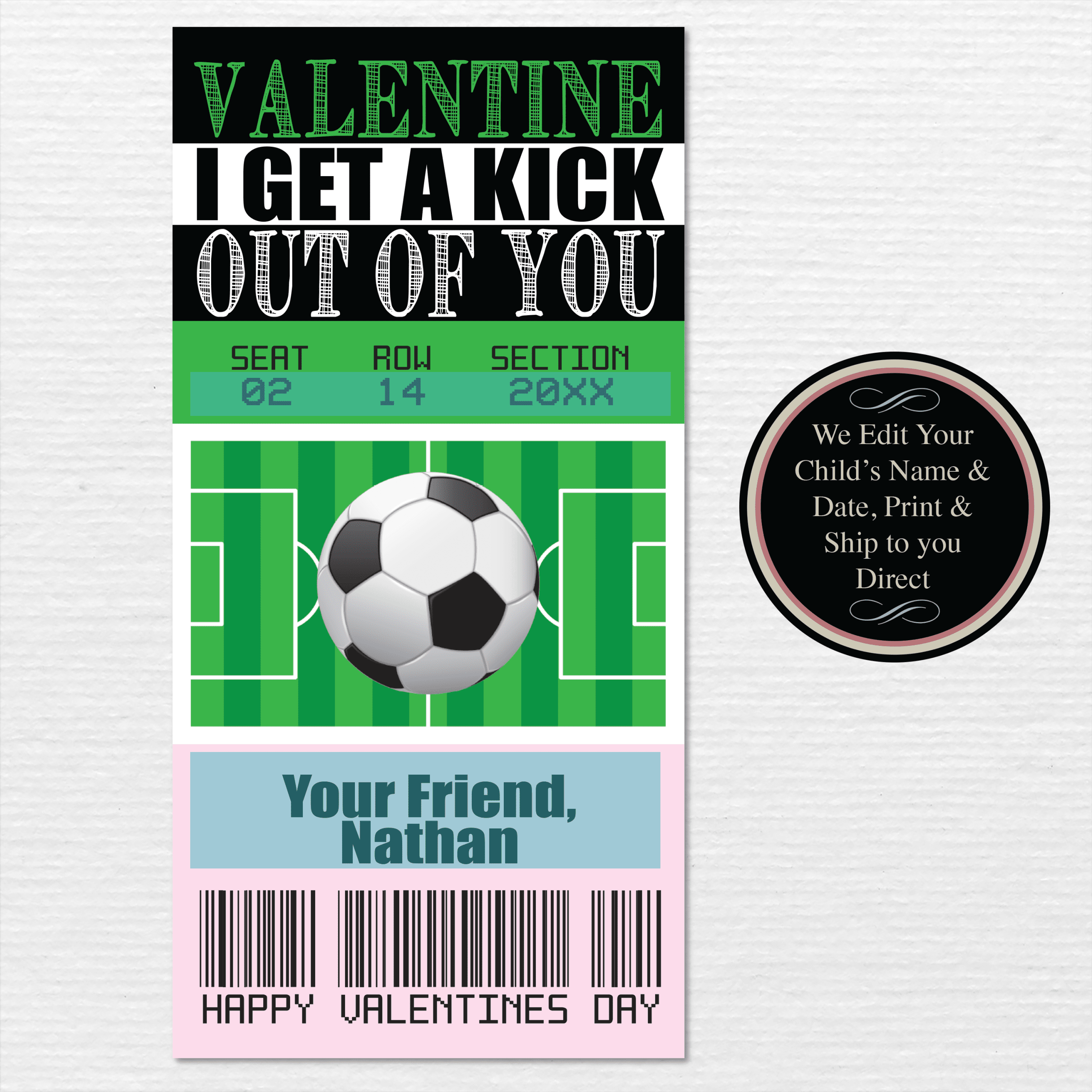 Soccer Ticket Kids Valentine's Day Cards - Printed and Shipped - Image 2