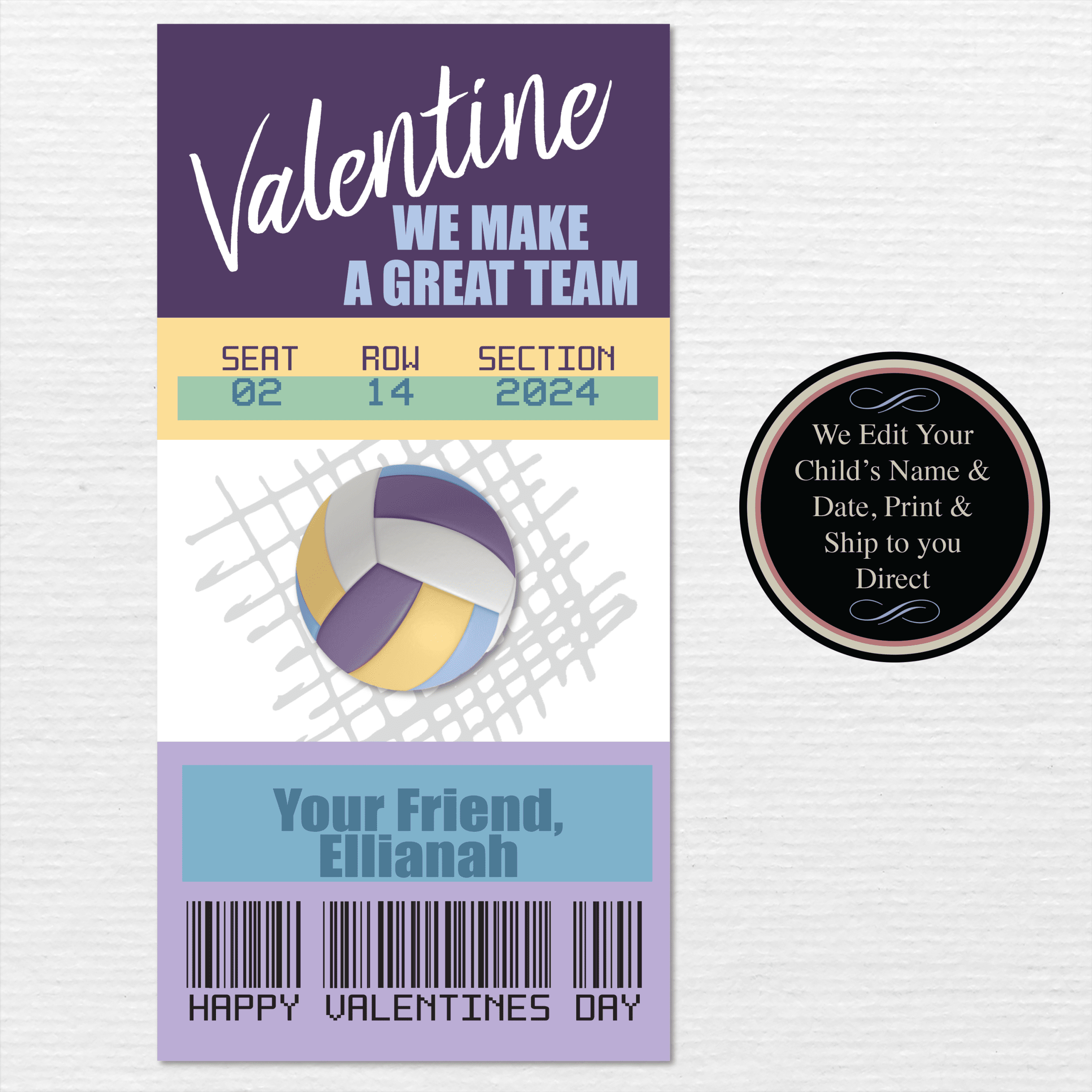 Volleyball Ticket Kids Valentine's Day Cards - Printed and Shipped - Image 2