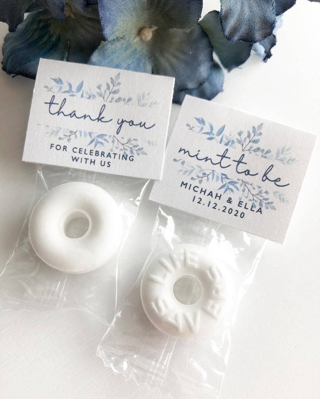 Navy blue floral Mint To Be wedding favors